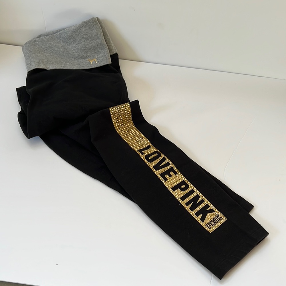 PINK Yoga Bling Leggings Black with Gold studs Gray Foldover Waistband